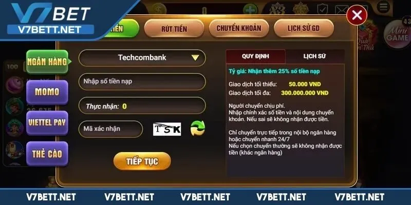 Điều kiện cần có để nạp tiền vào V7BET thành công